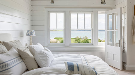 White coastal cottage bedroom decor, interior design and home decor, bed with elegant bedding and bespoke furniture, English country house and holiday rentalの素材