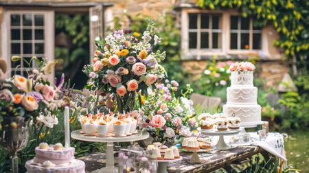 Wedding decoration in the cottage, floral country wedding decor, cake and event celebration, English countryside styleの素材