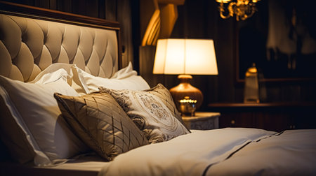 Modern cottage evening bedroom decor, interior design and home decor, bed with elegant bed linen bedding and lamp in English country house, holiday rental and cottage style interiorsの素材