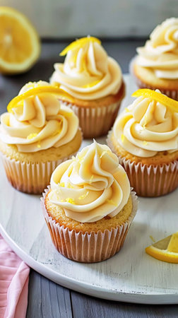Homemade lemon cupcakes with buttercream frosting, baking recipeの素材