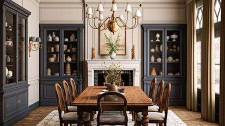 Cottage dining room decor, interior design and dark wood country house furniture, home decor, table and chairs, English countryside style interiorsの素材