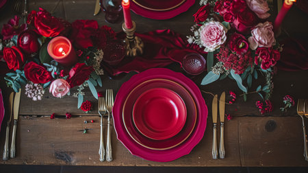 Valentines day tablescape and table decor, romantic table setting with flowers, formal dinner and date, beautiful cutlery and tableware designの素材