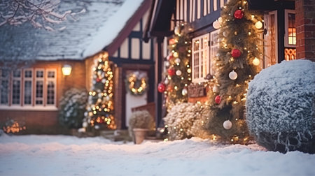 Christmas in the countryside, cottage and garden decorated for holidays on a snowy winter evening with snow and holiday lights, English country styling inspirationの素材