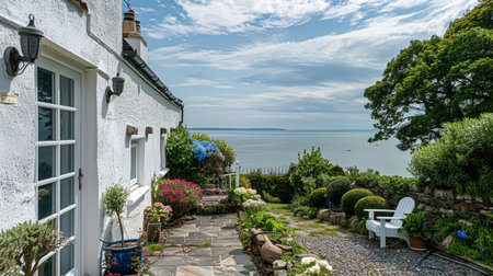 White coastal cottage in the English countryside style by the seasideの素材
