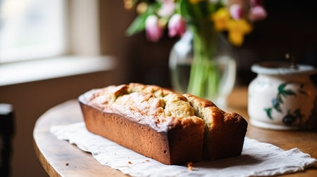 Banana bread in English country cottage, home decor and flowers, baking food and easy gluten-free recipe idea for menu, food blog and cookbook inspirationの素材