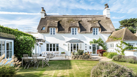 White coastal cottage in the English countryside style by the seasideの素材