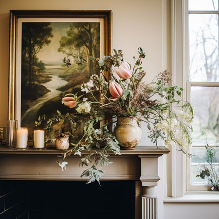 Beautiful floral arrangement with winter, autumn or early spring botanical plants and flowersの素材