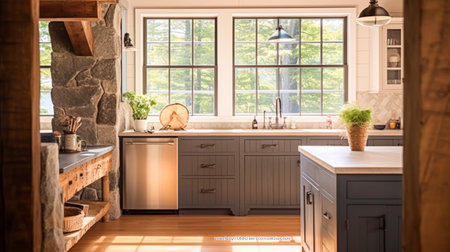 Farmhouse kitchen decor, interior design and furniture, English cottage kitchen cabinets and large window, country house interiors motifの素材