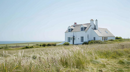 White coastal cottage in the English countryside style by the seasideの素材