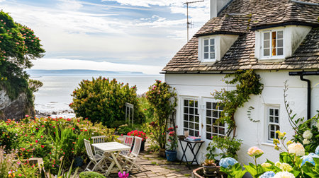 White coastal cottage in the English countryside style by the seasideの素材