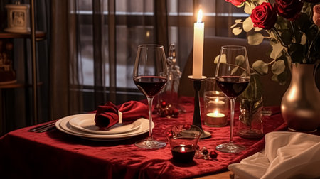 Festive date night tablescape idea, dinner table setting for two and Christmas, New Year, Valentines day decor, English countryside home stylingの素材