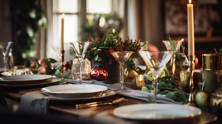 Christmas table decor, holiday tablescape and dinner table setting, formal event decoration for New Year, family celebration, English country and home styling inspirationの素材