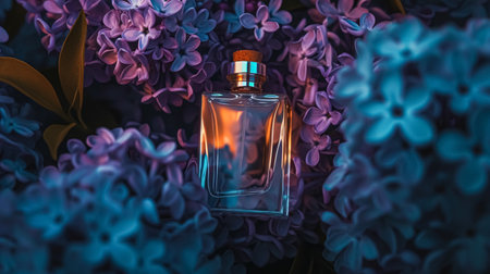 Perfume bottle in flowers, fragrance on blooming background, floral scent and cosmetic product ideaの素材