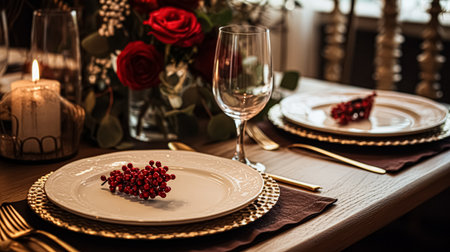 Festive date night tablescape idea, dinner table setting for two and Christmas, New Year, Valentines day decor, English countryside home stylingの素材