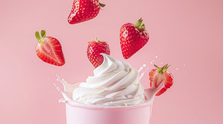 Strawberries falling into cream, milk or yoghurt on pink background, strawberry dessertの素材