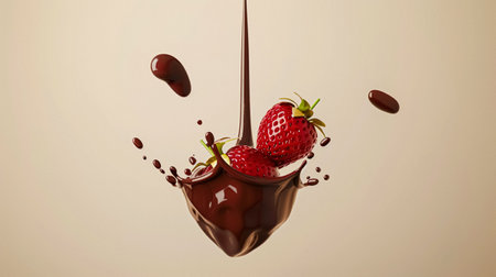 Strawberry falling into melted liquid chocolate, food dessert and confectionery industryの素材