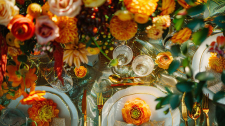 Table decor with fruits in citrus garden, holiday tablescape and dinner table setting, formal event decoration for wedding, family celebration, English country and home stylingの素材