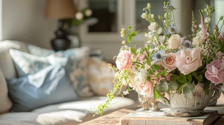 Spring flowers in vintage vase, beautiful floral arrangement, home decor, wedding and florist designの素材