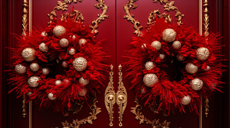 Christmas decoration details on English styled luxury high street city store door or shopping window display, holiday sale and shop decor inspirationの素材