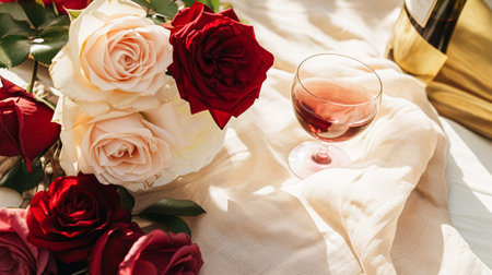 Wedding and event celebration tablescape with flowers, formal dinner table setting with roses and wine, elegant floral table decor for dinner party and holiday decoration, home styling ideaの素材