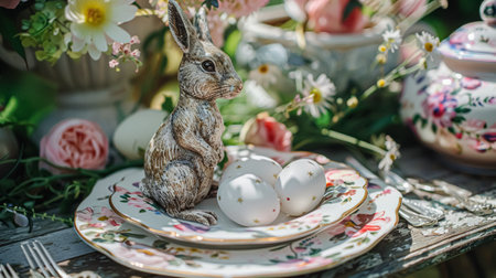 Easter tablescape decoration, floral holiday table decor for family celebration, spring flowers, Easter eggs, Easter bunny and vintage dinnerware, English country and home stylingの素材