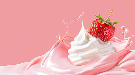 Strawberries falling into cream, milk or yoghurt on pink background, strawberry dessertの素材