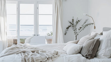 White coastal cottage bedroom decor, interior design and home decor, bed with elegant bedding and bespoke furniture, English country house and holiday rentalの素材