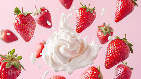 Strawberries falling into cream, milk or yoghurt on pink background, strawberry dessertの素材