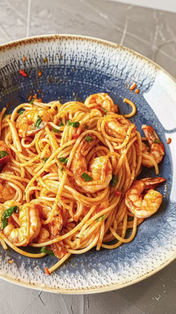 Pasta with shrimps, tomatoes and basil on a plateの素材