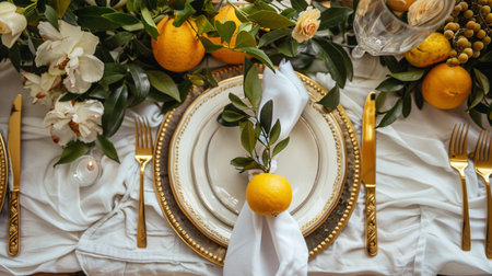 Table decor with fruits in citrus garden, holiday tablescape and dinner table setting, formal event decoration for wedding, family celebration, English country and home stylingの素材