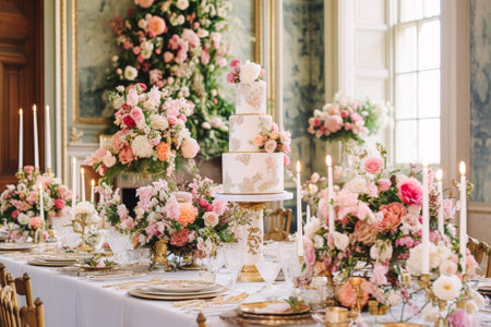 Wedding cake with floral decor, party celebration and holiday dessert catering in a country garden, post-processed, generative aiの素材
