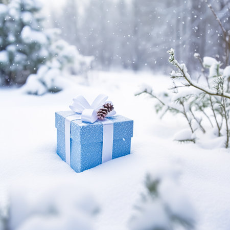 Christmas holiday gift and present, gift box in the snow in snowfall winter countryside nature for boxing day, holidays shopping sale ideaの素材