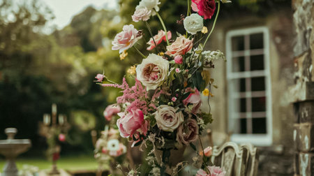 Wedding decoration in the cottage, floral country wedding decor, cake and event celebration, English countryside styleの素材