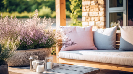 Cottage outdoor furniture and countryside house patio and terrace decor, garden lounge in country style, post-processed, generative aiの素材