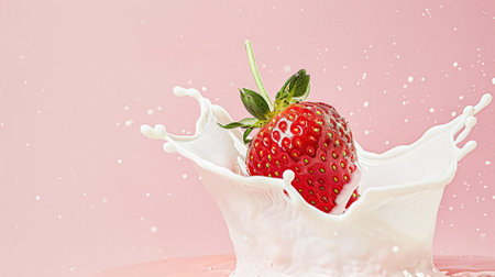 Strawberries falling into cream, milk or yoghurt on pink background, strawberry dessertの素材