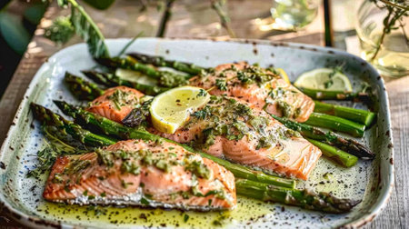 Salmon with asparagus, lemon and spice seasoning in the English countryside garden, homemade recipeの素材