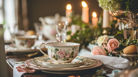 Delightful afternoon tea spread featuring a tiered cake stand brimming with cupcakes, scones, and sweet pastries, accompanied by a floral porcelain tea setの素材