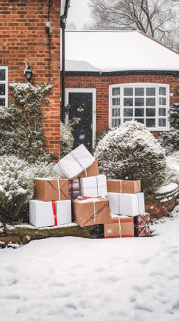 Christmas gifts delivery, postal service and holiday presents online shopping, wrapped parcel boxes on a country house doorstep in a snowing winter, post-processed, generative aiの素材