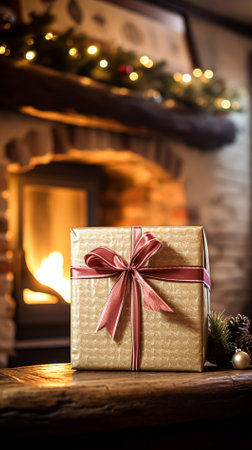 Christmas gift box near cosy fireplace in the English country cottage, winter holidays, boxing day celebration and holiday shopping inspirationの素材
