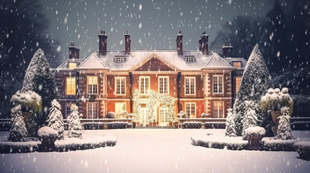 Christmas in the countryside manor, English country house mansion decorated for holidays on a snowy winter evening with snow and holiday lights, Merry Christmas and Happy Holidays designの素材