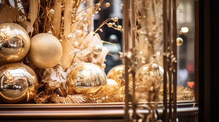 Christmas decoration details on English styled luxury high street city store door or shopping window display, holiday sale and shop decor inspirationの素材
