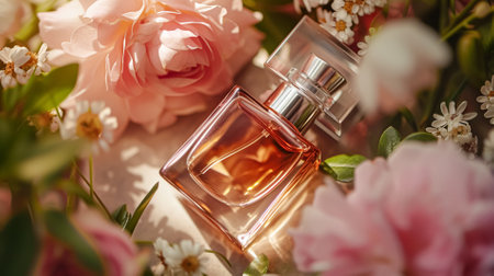 Perfume bottle in flowers, fragrance on blooming background, floral scent and cosmetic product idea