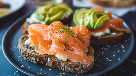 Avocado toast with smoked salmon for breakfast, homemade cuisine and traditional food, country lifeの素材