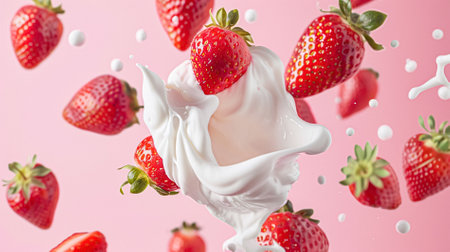 Strawberries falling into cream, milk or yoghurt on pink background, strawberry dessertの素材