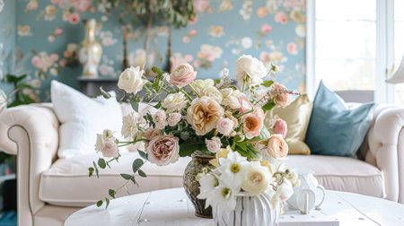 Spring flowers in vintage vase, beautiful floral arrangement, home decor, wedding and florist designの素材