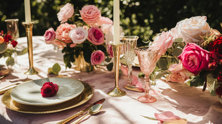 Wedding and event celebration tablescape with flowers, formal dinner table setting with roses and wine, elegant floral table decor for dinner party and holiday decoration, home styling ideaの素材