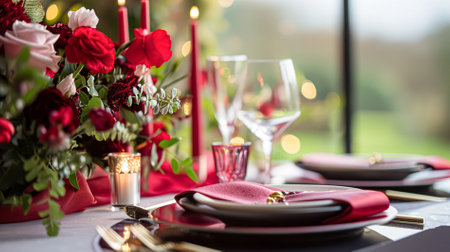 Valentines day tablescape and table decor, romantic table setting with flowers, formal dinner and date, beautiful cutlery and tableware designの素材