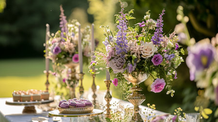 Wedding decor with lavender theme, floral decoration design and beautiful decor setting arrangement ideaの素材