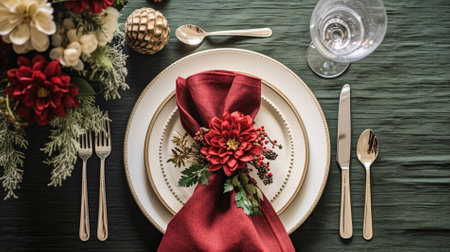 Christmas table decor, holiday tablescape and dinner table setting, formal event decoration for New Year, family celebration, English country and home styling inspirationの素材