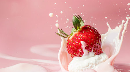 Strawberries falling into cream, milk or yoghurt on pink background, strawberry dessertの素材